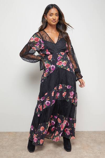  Oasis Printed Lace Panel Detail V Neck Midaxi Dress, Floral 