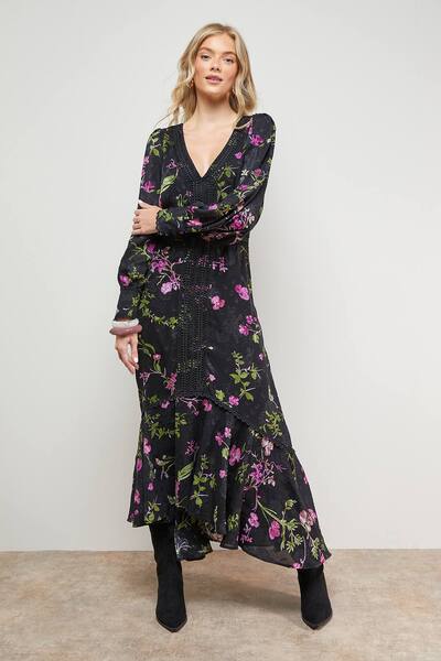  Oasis Printed Lace Trim Detail High Low Hem Midi Dress, Black 