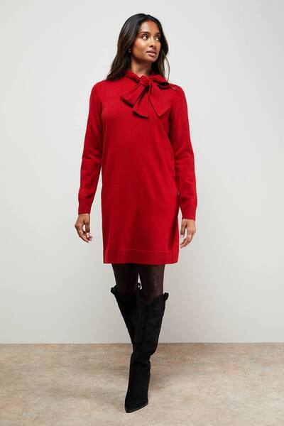 Oasis Pussy Bow Knitted Mini Dress, Red 