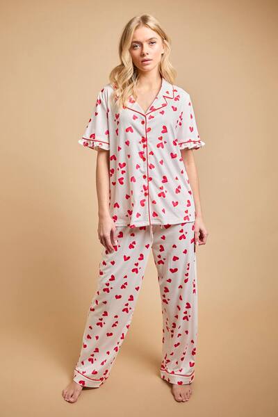  Oasis Red Hearts Short Sleeve Jersey Pyjama Set, White 