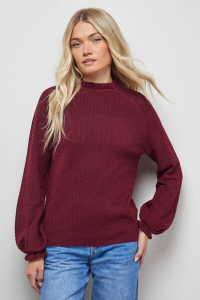  Oasis Ruffle Cuff And Collar Jumper, Burgundy 