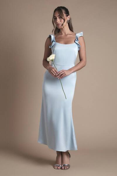  Oasis Ruffle Square Neck Satin Bridesmaid Midi Dress, Light Blue 