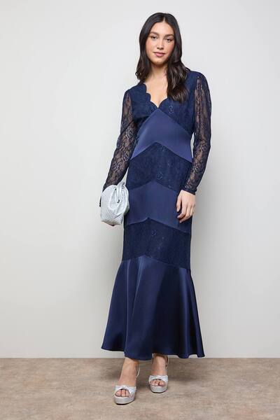  Oasis Satin Lace Mix V Neck Maxi Dress, Navy 