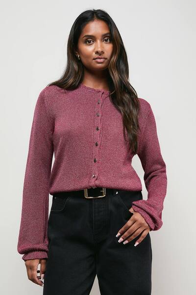  Oasis Scallop Neck Button Down Cardigan Sweater, Chocolate 