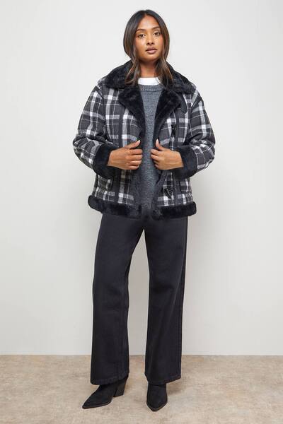  Oasis Shearling Trim Check Coat, Mono 