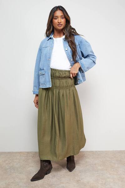  Oasis Shirred Waist Midi Skirt, Khaki 