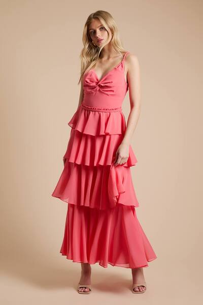  Oasis Tiered Chiffon Plait Strap Maxi Dress, Orange 