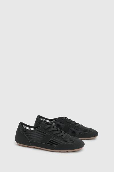  Oasis Tracie Faux Leather Mesh Lace Up Trainers, Black 