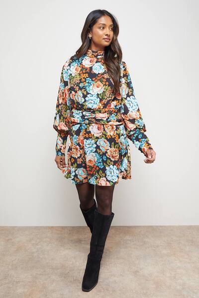  Oasis Volume Shoulder Western Mini Dress, Floral 
