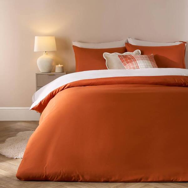  Ohs Plain Reversible Duvet Cover With Pillowcase Set, Burnt Orange 