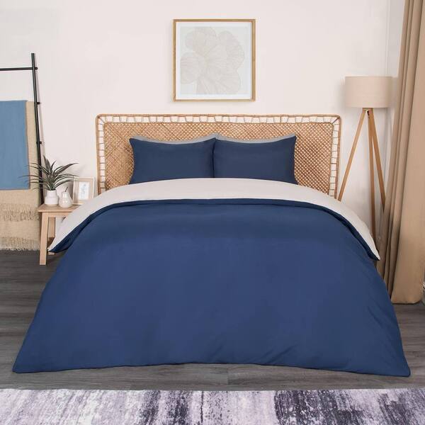  Ohs Plain Reversible Duvet Cover With Pillowcase Set, Navy 