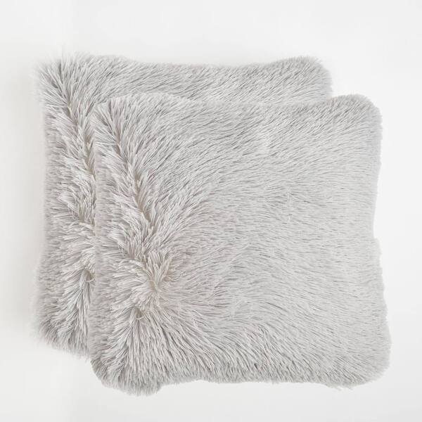  Ohs Set Of 2 Fluffy Shaggy Square Cushion Covers, Light Grey 