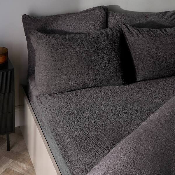  Ohs Teddy Fleece Thermal Fitted Bed Sheet, Charcoal 