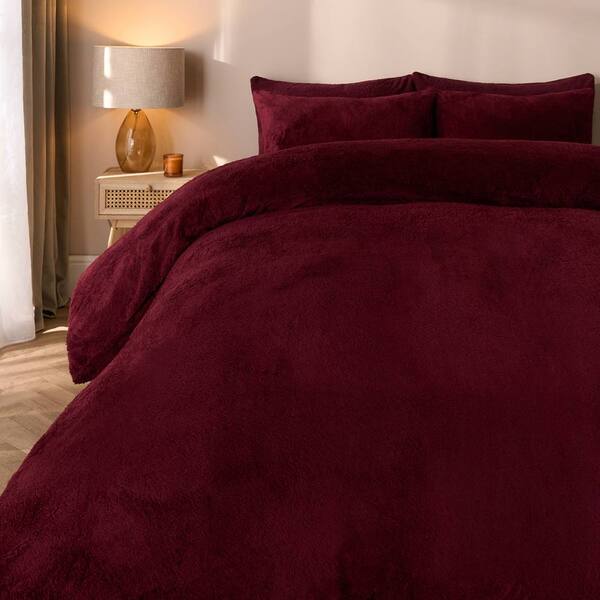  Ohs Thermal Soft Teddy Fleece Duvet Cover Bedding Set, Burgundy 