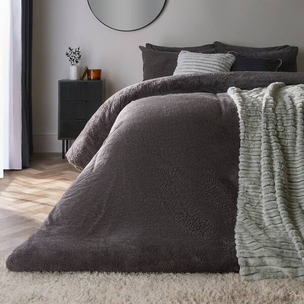  Ohs Thermal Soft Teddy Fleece Duvet Cover Bedding Set, Charcoal 