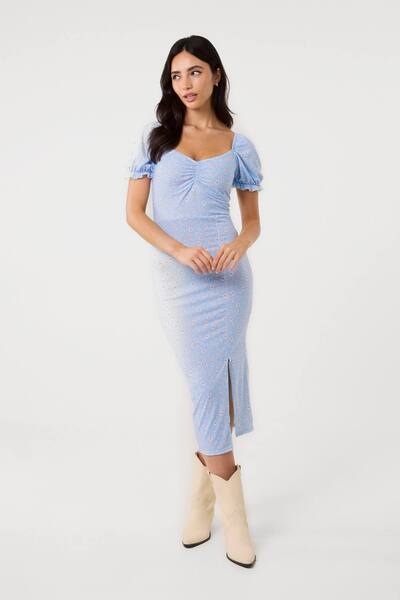  Pink Vanilla Blue Front Split Floral Midi Dress 