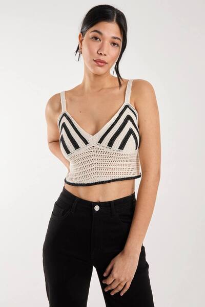  Pink Vanilla Contrast Crochet Bralette, Stone 