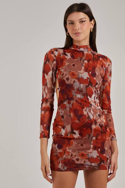  Pink Vanilla Graphic Floral High Neck Dress, Red 