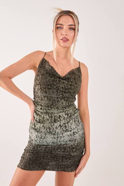  Pink Vanilla Lace Cowl Ombre Mini Dress, Khaki 