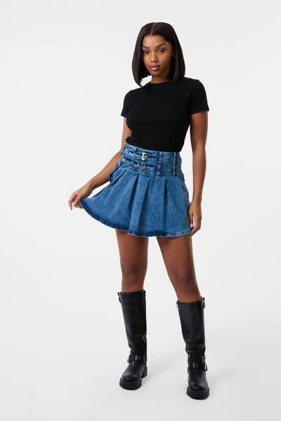  Pink Vanilla Light Blue Denim Double Belt Pleat Mini Skirt 
