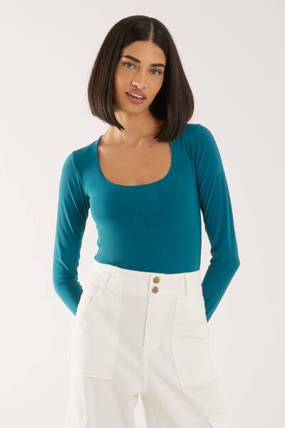  Pink Vanilla Long Sleeve Square Neck Bodysuit, Teal 