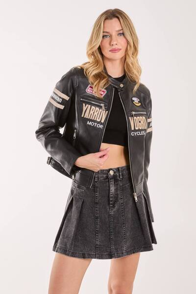  Pink Vanilla Patch Mix Motocross Biker Jacket, Black 