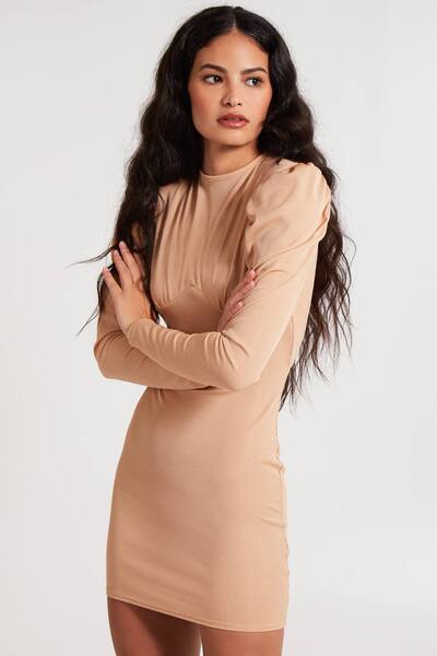  Pink Vanilla Ribbed Open Back Padded Shoulder Dress, Camel 