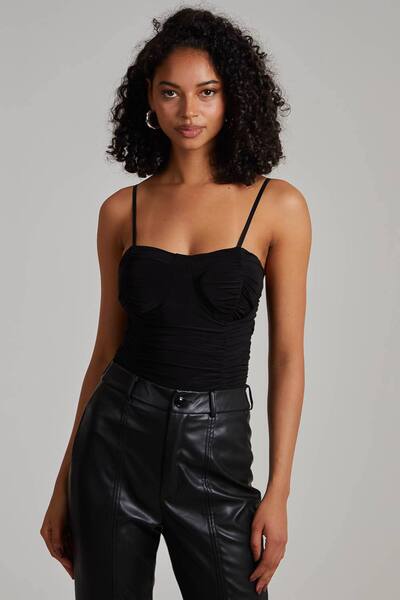  Pink Vanilla Ruched Cupped Strappy Bodysuit, Black 