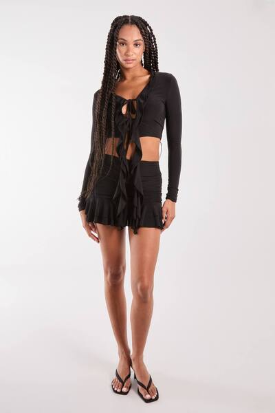 Pink Vanilla Ruffle Slinky Mini Skirt, Black 