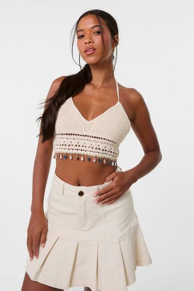  Pink Vanilla Stone Crochet Bralette With Shell Detail 