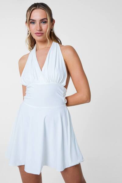  Pink Vanilla White Slinky Halter Mini Dress 