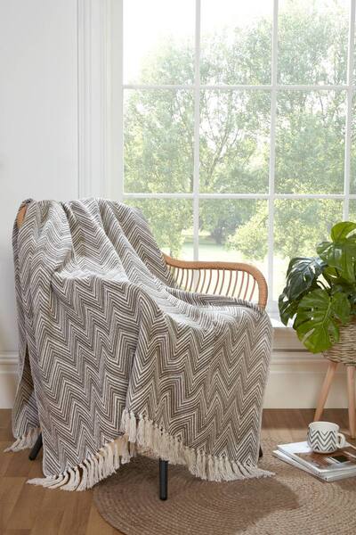  Portfolio Home Chester Zig Zag Geometric Throw Over Blanket With Tassels, Brown 