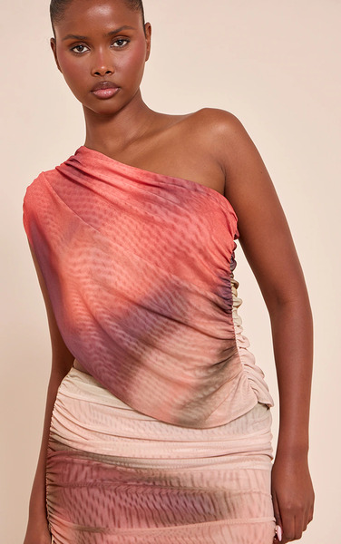  Prettylittlething Abstract Print Mesh One Shoulder Ruched Top 