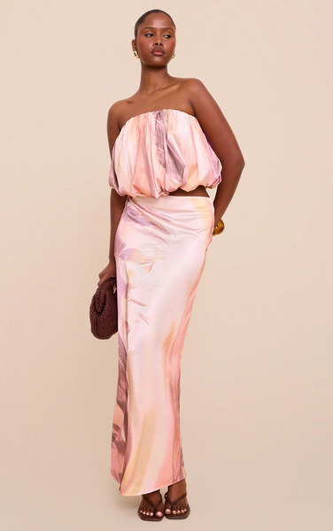  Prettylittlething Abstract Print Satin Mid Rise Maxi Skirt 