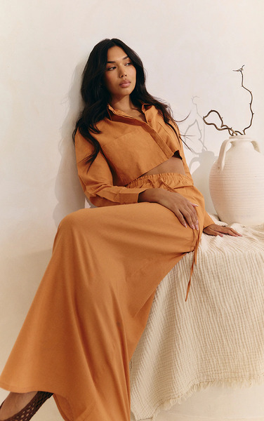  Prettylittlething Apricot Drawstring Maxi Skirt 