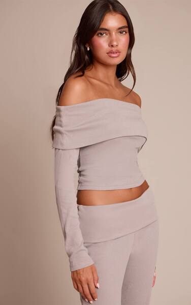  Prettylittlething Ash Grey Fold Over Bardot Top Co-ord 