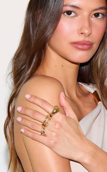 Prettylittlething Assorted Diamante Textured Multipack Rings, Gold 