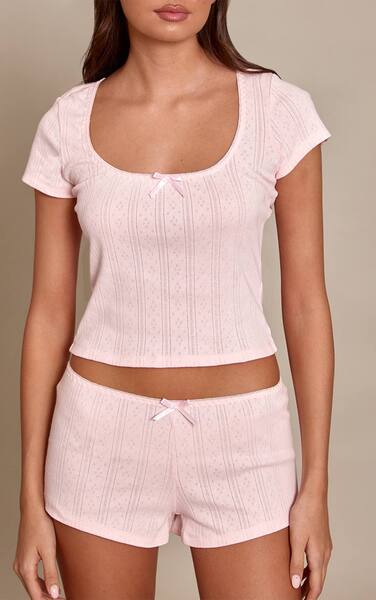  Prettylittlething Baby Pink Pointelle Fitted Mini Pyjama Shorts 