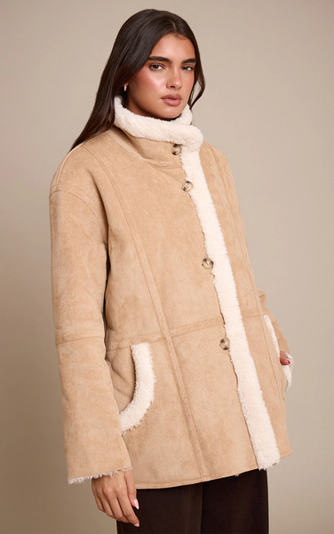  Prettylittlething Beige Borg Lining Oversized Aviator 