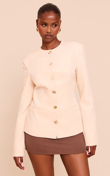  Prettylittlething Beige Button Up Round Neck Fitted Jacket 