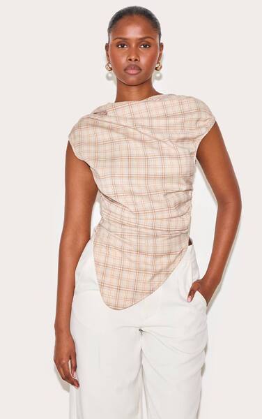  Prettylittlething Beige Checked Ruched Top 