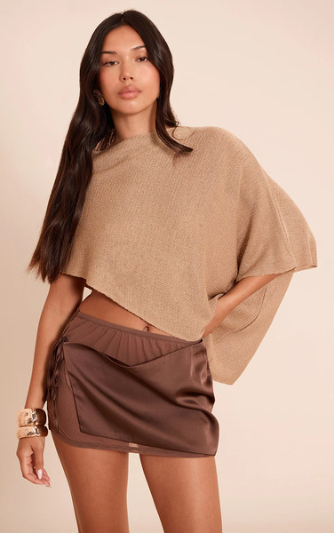  Prettylittlething Beige Fine Knit Poncho Style Top 