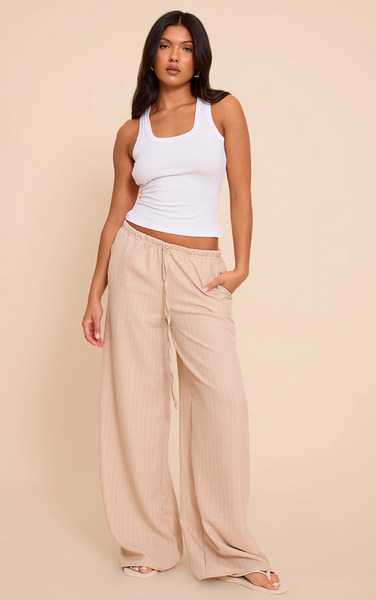  Prettylittlething Beige Lightweight Woven Striped Drawstring Trousers 