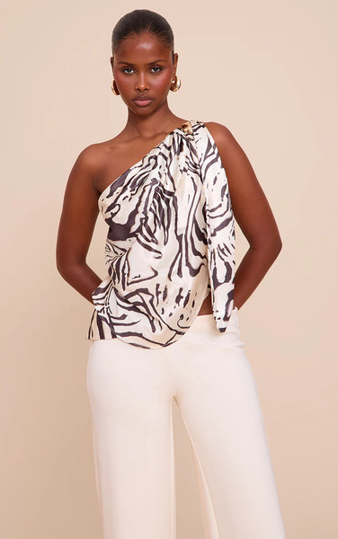  Prettylittlething Beige Printed Satin Drape Trim Detail Top 