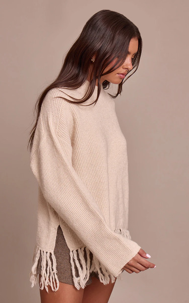  Prettylittlething Beige Round Neck Fringe Hem Oversized Jumper 