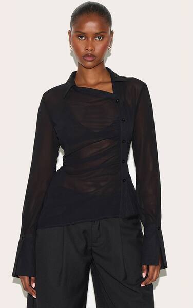  Prettylittlething Black Asymmetric Chiffon Shirt 
