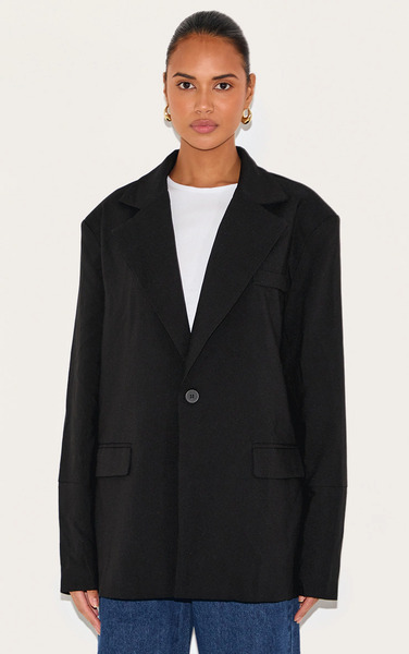  Prettylittlething Black Boxy Drop Shoulder Oversized Dad Blazer 