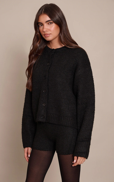  Prettylittlething Black Brushed Oversized Detail Round Neck Cardigan Sweater 
