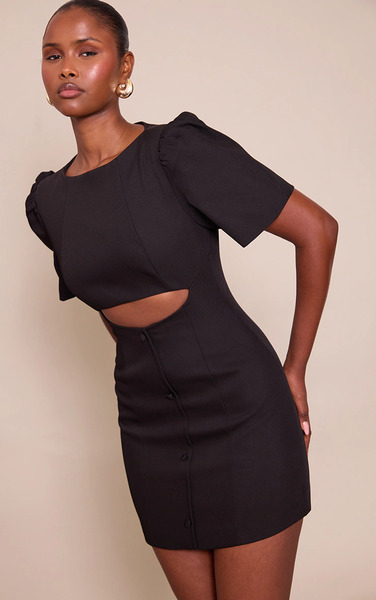  Prettylittlething Black Button Down Cut Out Mini Dress 
