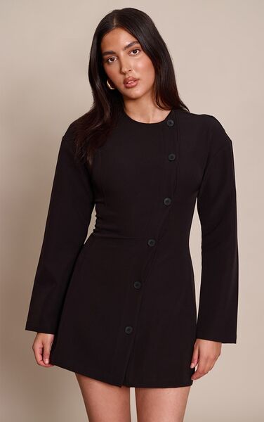  Prettylittlething Black Button Down Shift Blazer Dress 